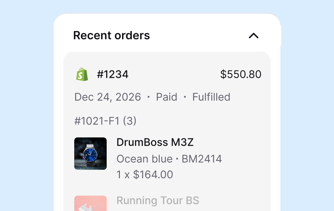 Recent orders panel in chat showing a paid and fulfilled Shopify order next to the customer conversation