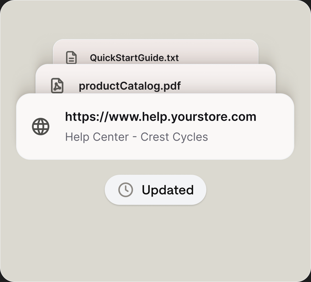 Knowledge base sources feeding the AI agent: a help center URL, a product catalog PDF, and a text file, marked as updated