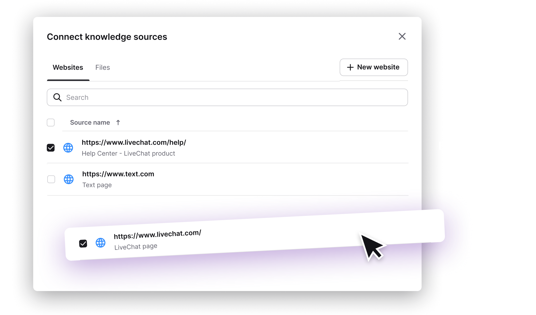 'AI Knowledge' section in the ChatBot.com app. This section is dedicated to setting up an AI chatbot by creating a custom AI model based on the provided data. The section includes four tabs for different types of content sources: Websites, Articles, KnowledgeBase, and Zendesk. An example shows the process of adding a new web page from a website to train the model. ChatBot.com's AI Assist will use the collected information to answer customers' questions.