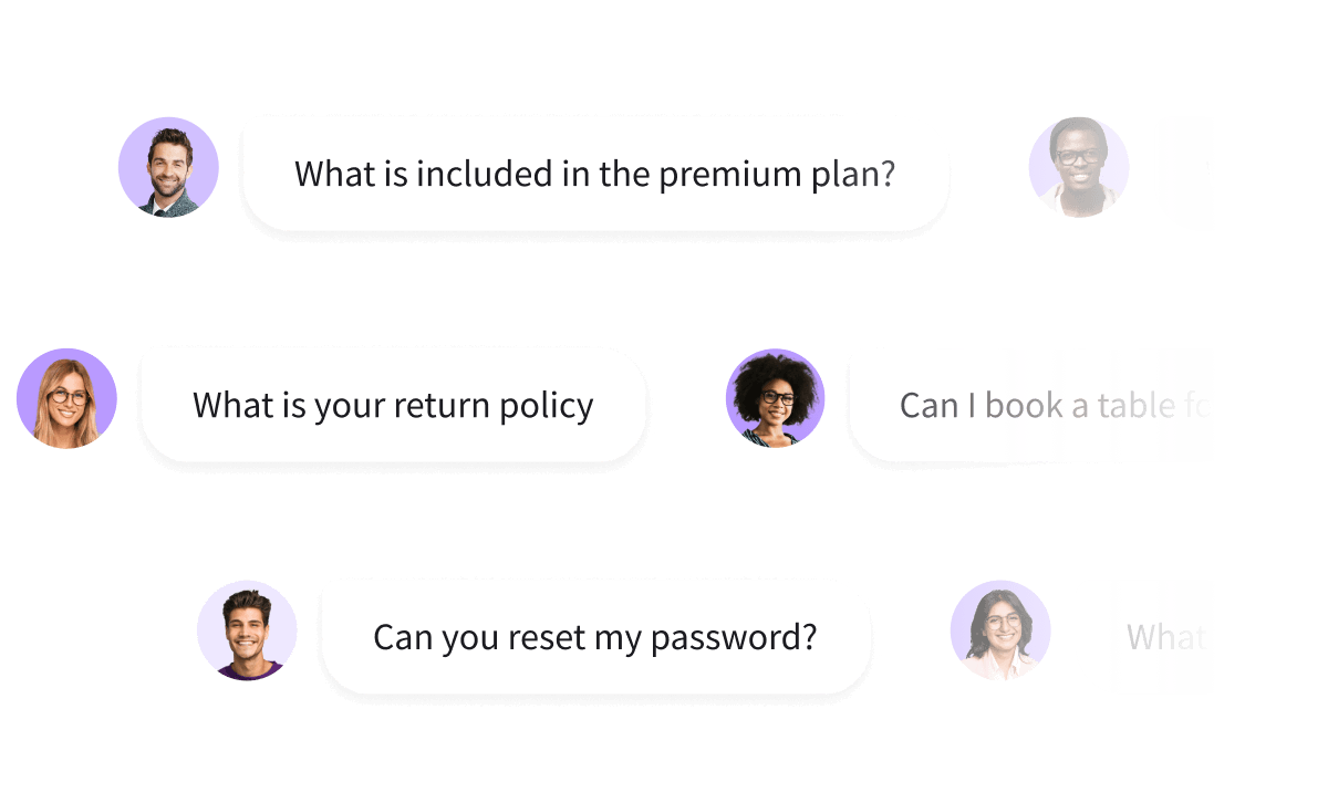A series of chat bubbles displaying various questions asked by different users in a ChatBot.com interface.
