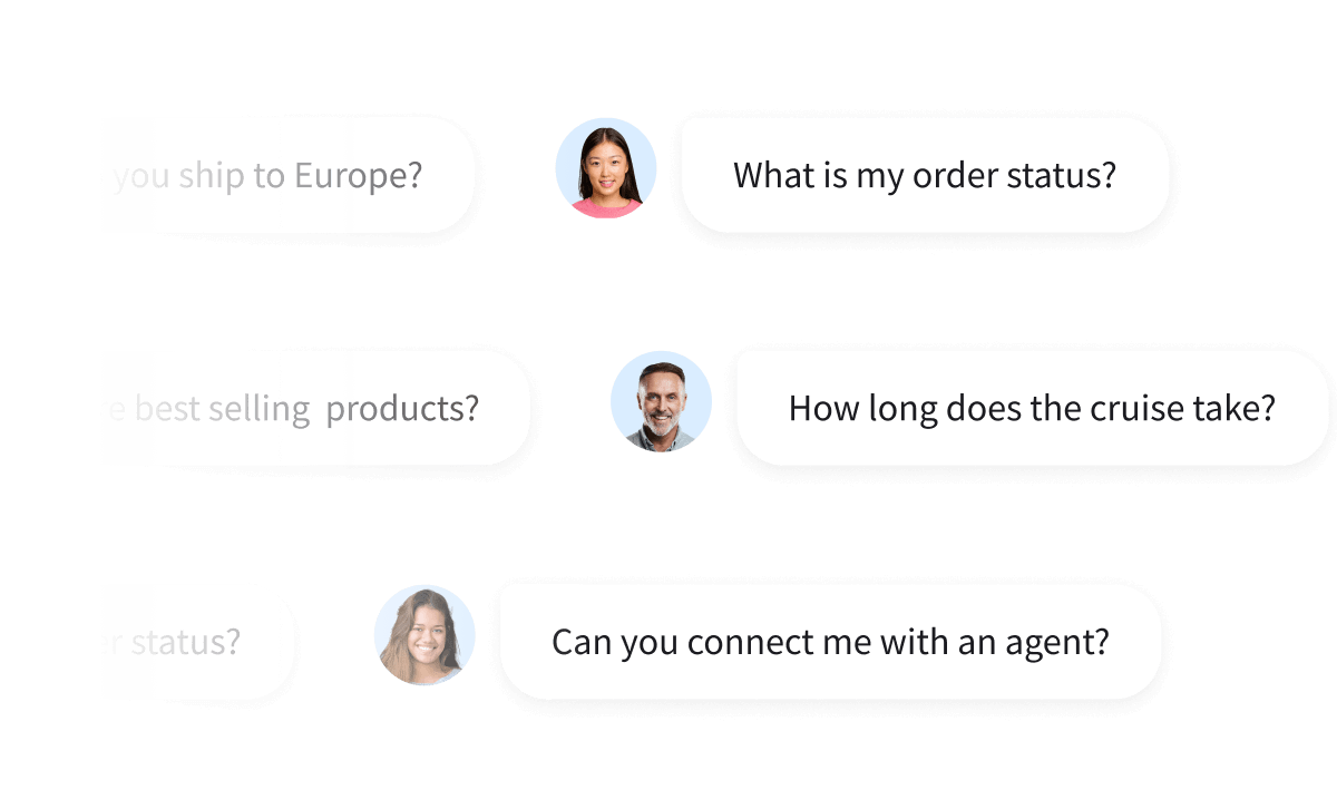 A series of chat bubbles displaying various questions asked by different users in a ChatBot.com interface.