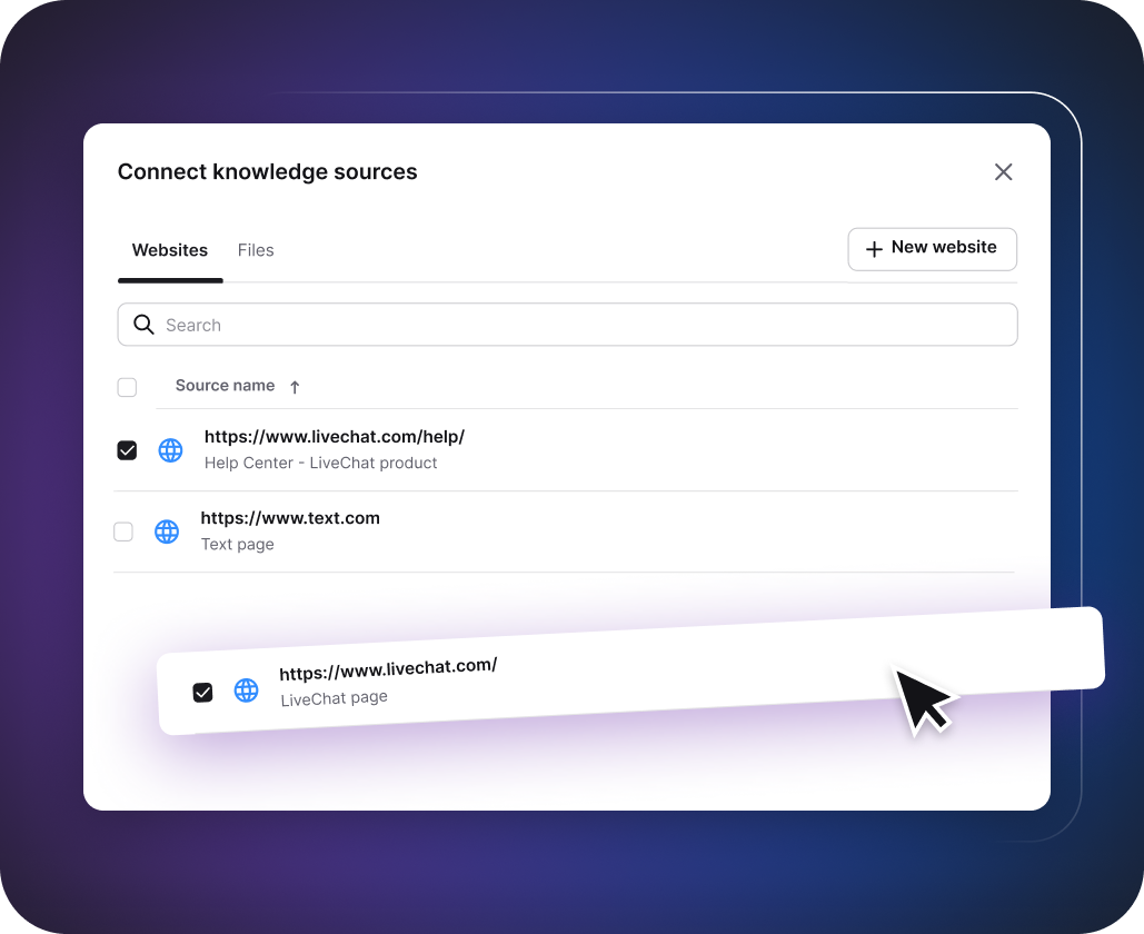 'AI Knowledge' section in the ChatBot.com app. This section is dedicated to setting up an AI chatbot by creating a custom AI model based on the provided data. The section includes four tabs for different types of content sources: Websites, Articles, KnowledgeBase, and Zendesk. An example shows the process of adding a new web page from a website to train the model. ChatBot.com's AI Assist will use the collected information to answer customers' questions.
