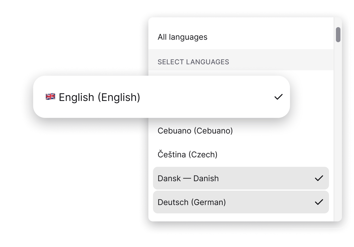 Language control section in ChatBot.com showing content moderation settings.