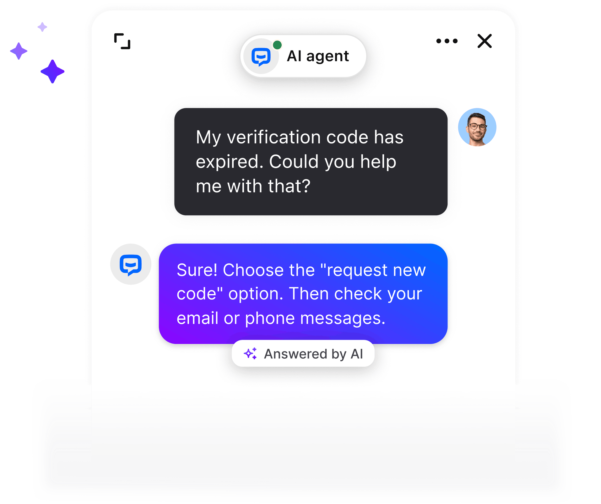 An AI-powered chat interface showing a conversation between a customer and ChatBot.com AI Assist. The customer asks, 'My verification code has expired. Could you help me with that?' AI Assist responds, 'Sure! Choose the 'Request New Code' option. Then check your email or phone messages.