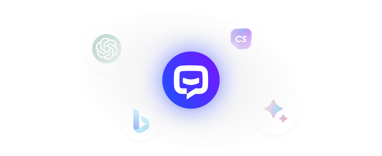 Logos of conversational AI services: ChatBot.com, OpenAI ChatGPT, Google Bard, Bing AI, and ChatSonic.