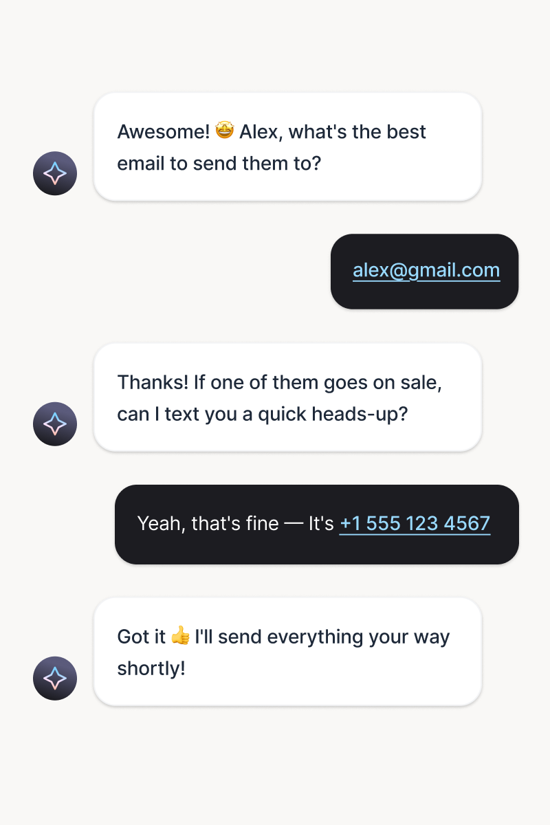 An AI customer service agent exchanging automated chat messages with a customer, showing how customer service software collects email and phone details through conversational messaging.