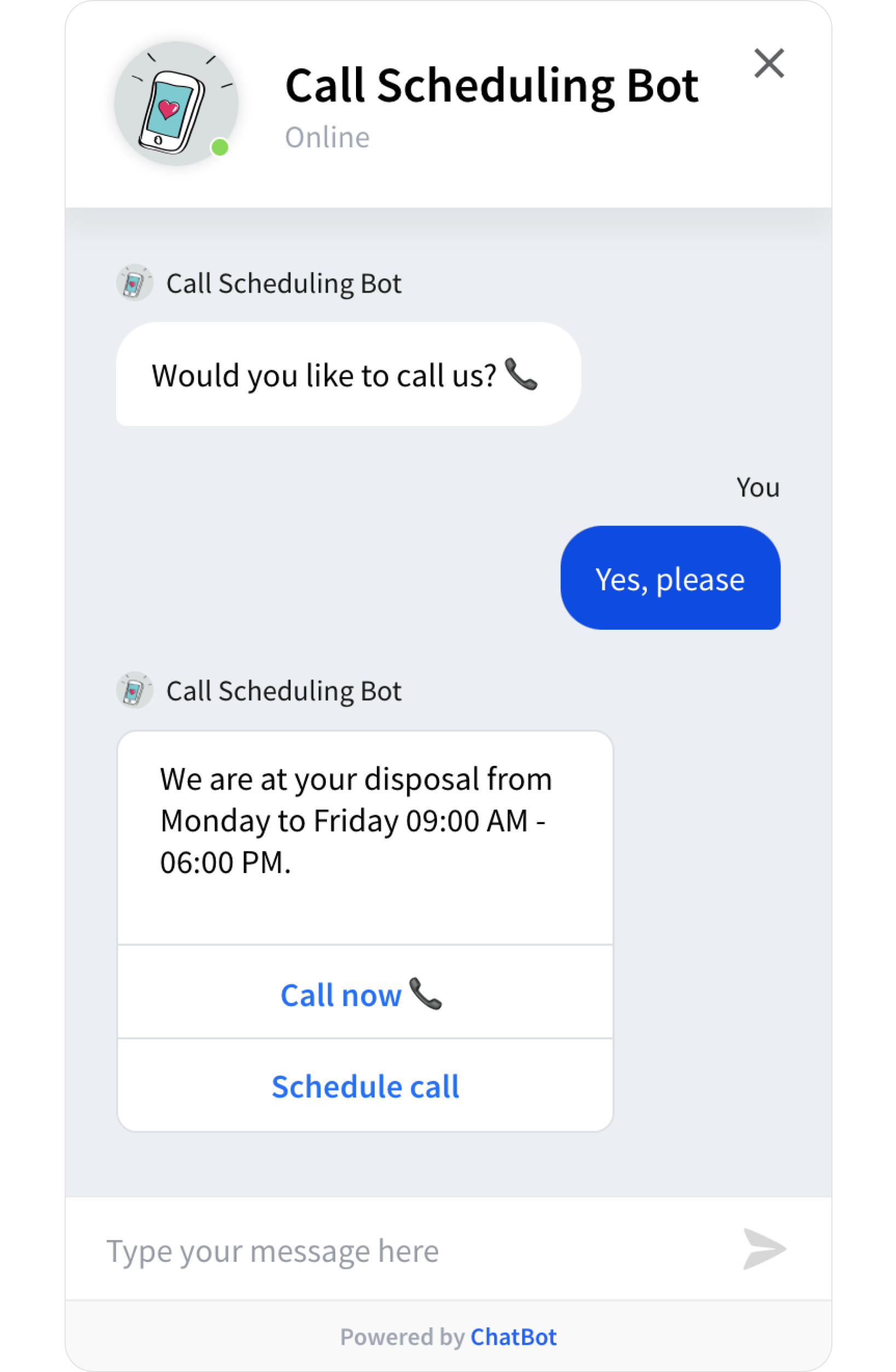 Call Scheduling Template - ready-tu-use ChatBot.com template widget