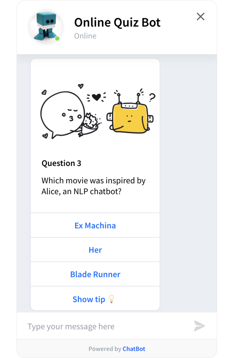 Online Quiz Template - ready-tu-use ChatBot.com template widget
