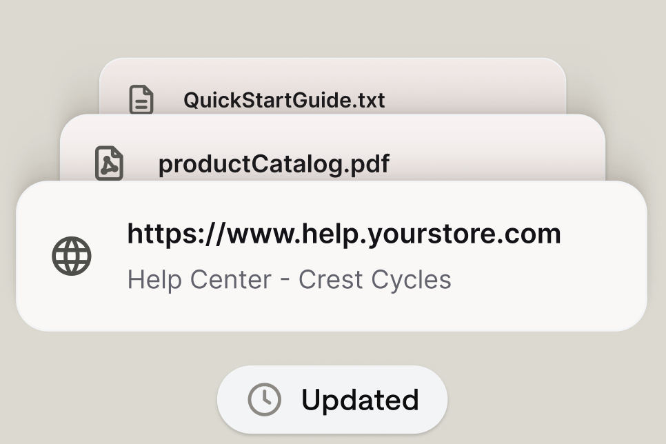 Knowledge sources for the AI agent: a help center URL, a product catalog PDF, and a quick start guide