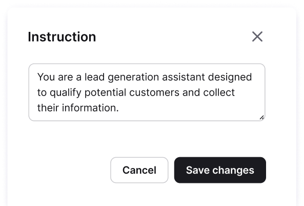 Custom instructions modal showing AI agent role and tone configuration with save and cancel buttons.