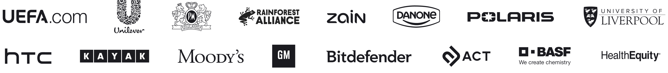 Logos of ChatBot.com software customers, including Unilever, UEFA, BASF, Danone and more.