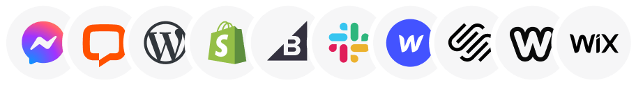 Icons of ChatBot.com integrations, including Facebook Messenger, LiveChat, WordPress, Shopify, BigCommerce, Slack, Webflow, Squarespace, and Wix.