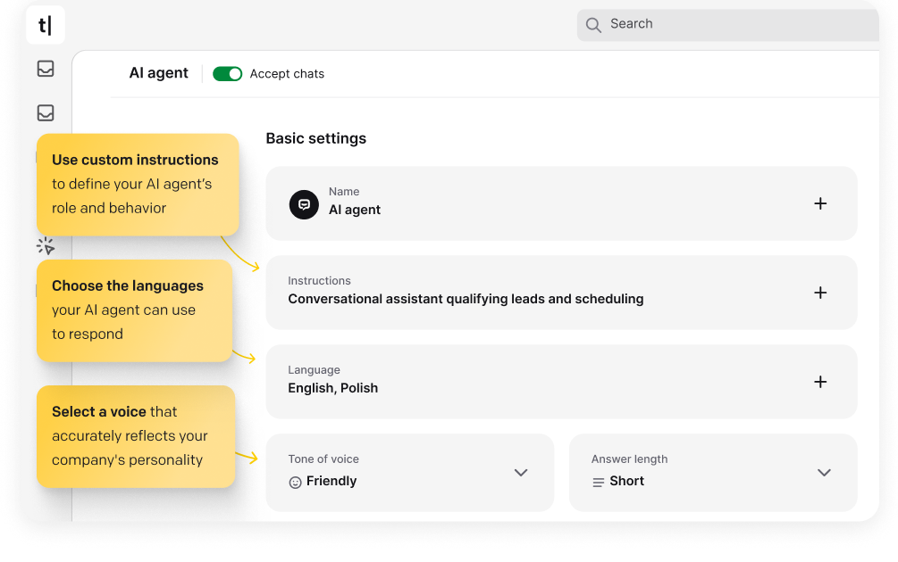 ChatBot.com app interface with a chatbot diagram including elements like Start point, Welcome message, AI Assist, Default fallback, User input, Shopify and HelpDesk.com actions, next to other Interactions and Actions available in the ChatBot.com's Visual Builder, AI Knowledge and Training sections, and Test your bot and Publish buttons. Fine-tune your custom AI model by adding more resources and custom answers. Drag and drop blocks to easily customize your AI chatbot flow.