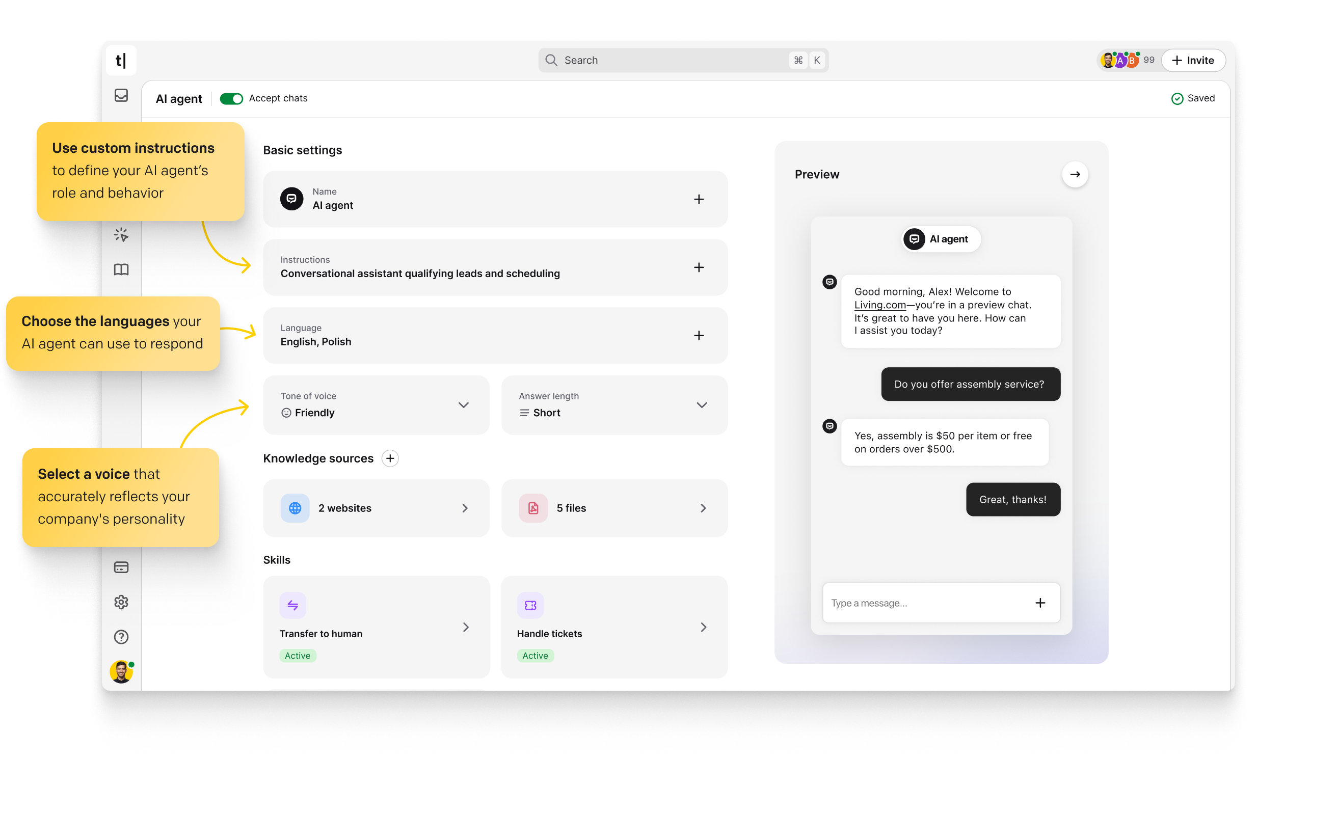ChatBot.com app interface with a chatbot diagram including elements like Start point, Welcome message, AI Assist, Default fallback, User input, Shopify and HelpDesk.com actions, next to other Interactions and Actions available in the ChatBot.com's Visual Builder, AI Knowledge and Training sections, and Test your bot and Publish buttons. Fine-tune your custom AI model by adding more resources and custom answers. Drag and drop blocks to easily customize your AI chatbot flow.