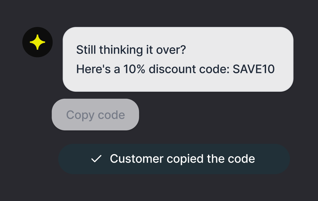 AI agent sharing a discount code with a copy button inside the chat