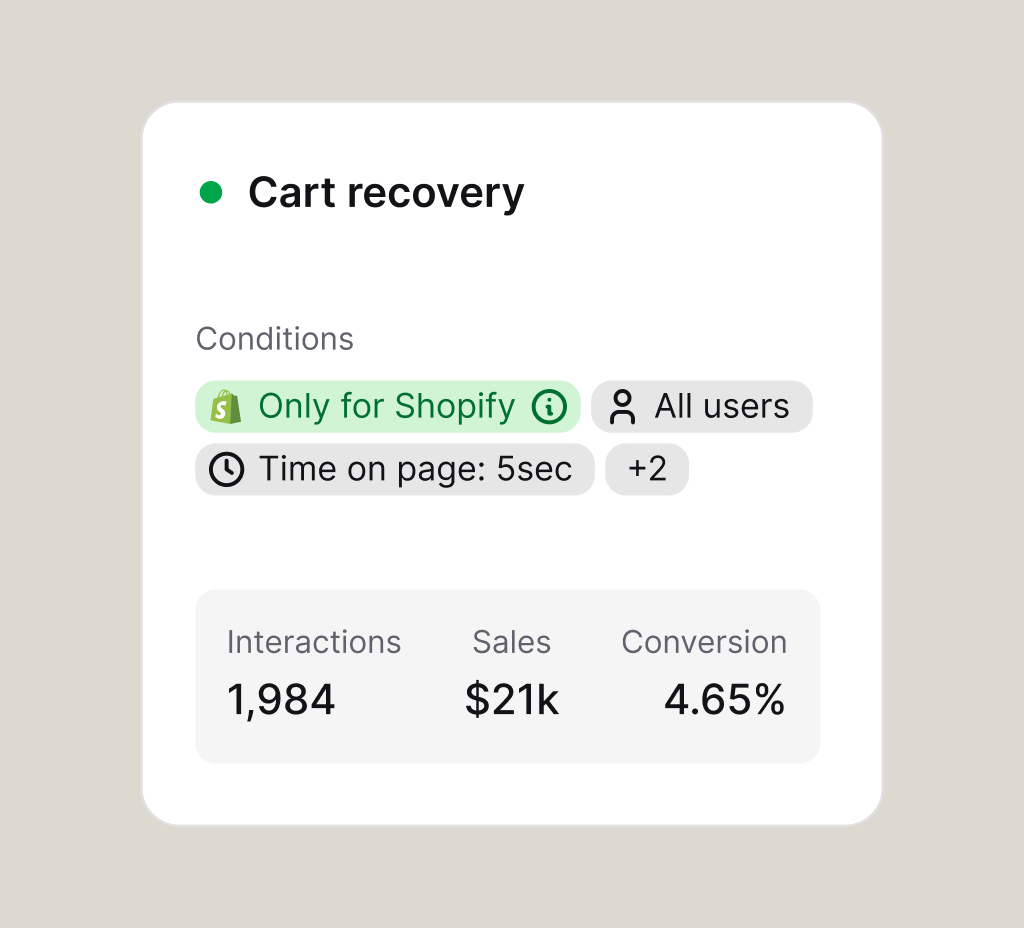 Chat widget welcoming a returning shopper back to a saved cart with a discount, beside a cart-recovery campaign report
