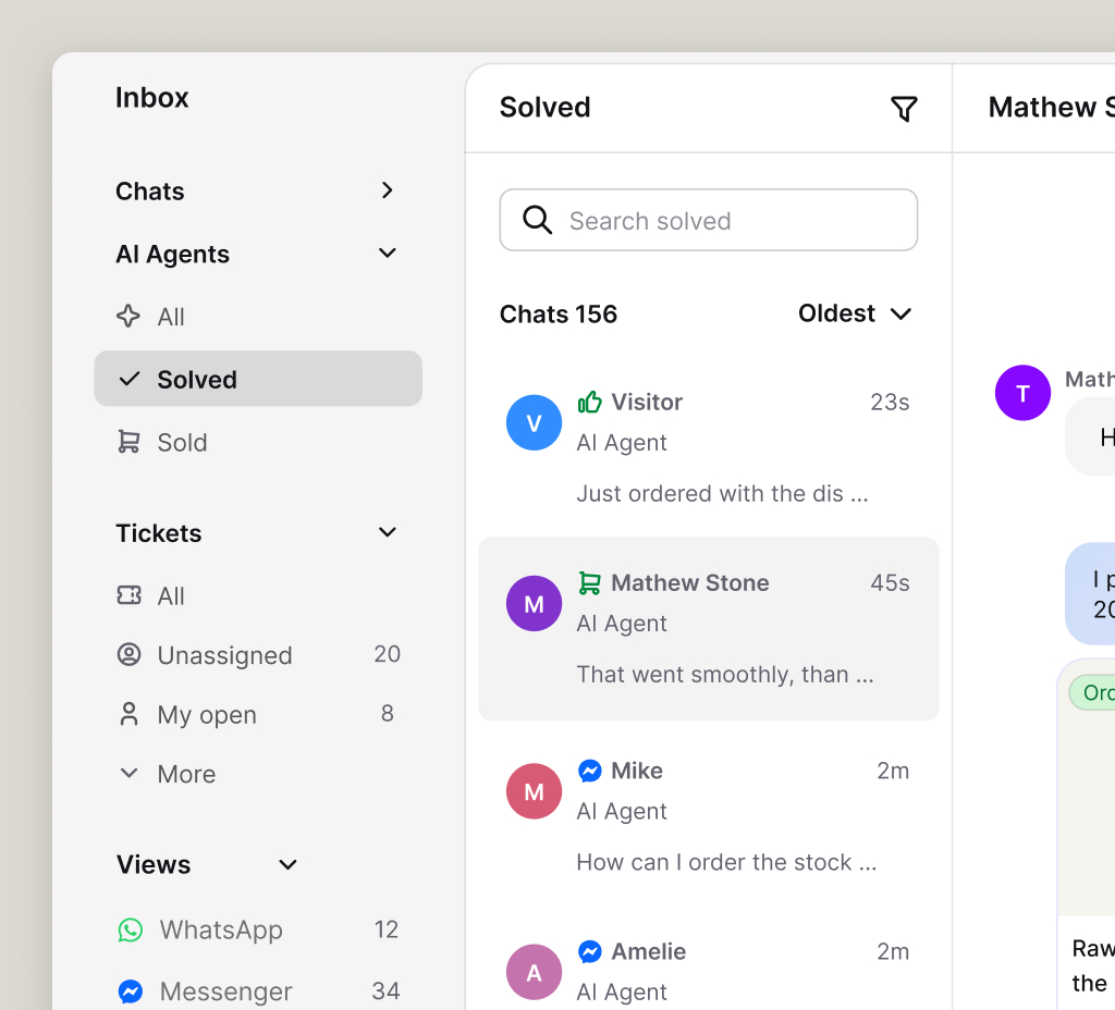 One inbox holding AI agent chats, live chats, and tickets from multiple channels in a single view