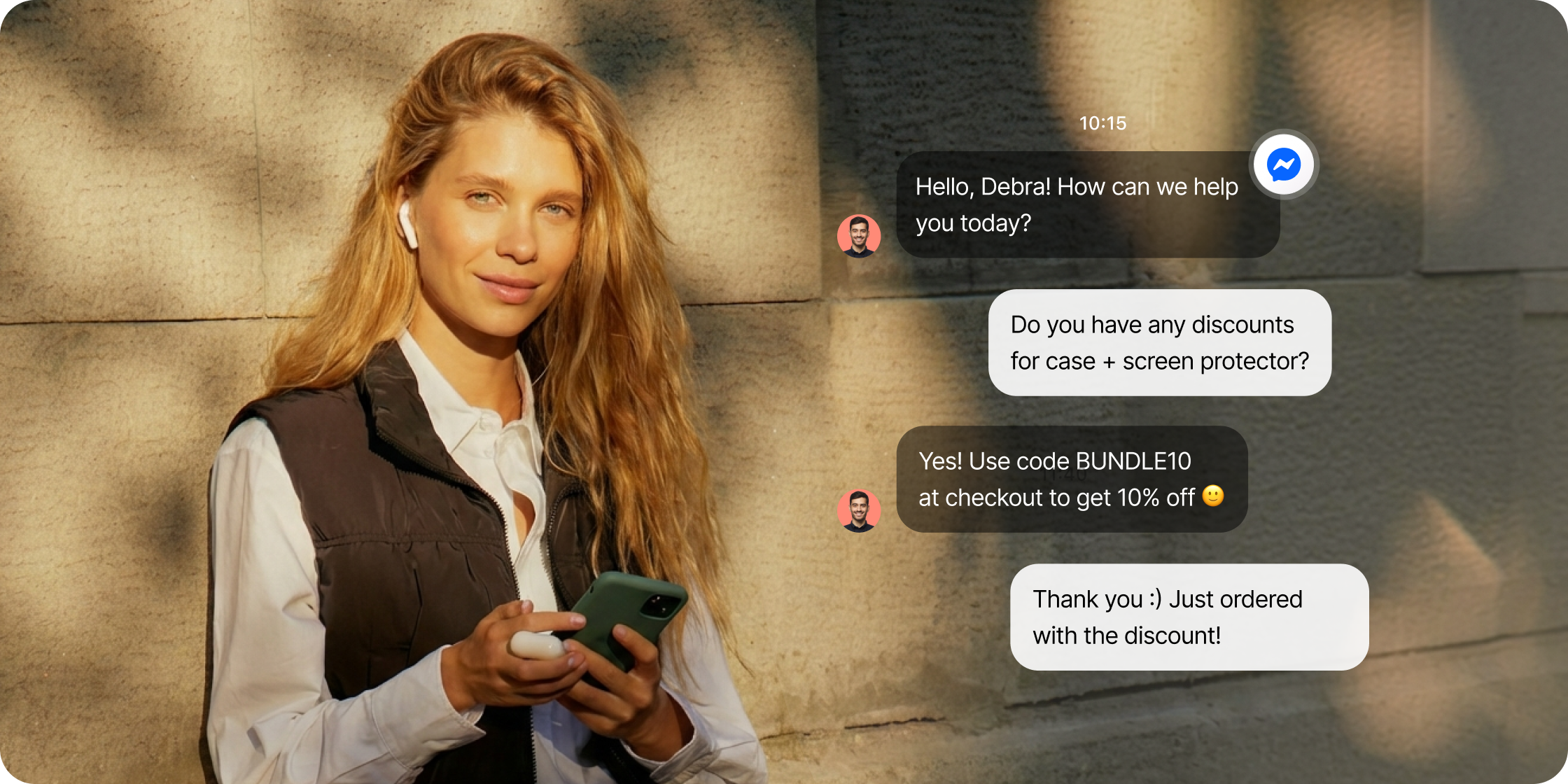 Facebook Messenger ChatBot.com – AI-powered chatbot conversation showing automated customer support and sales on Messenger