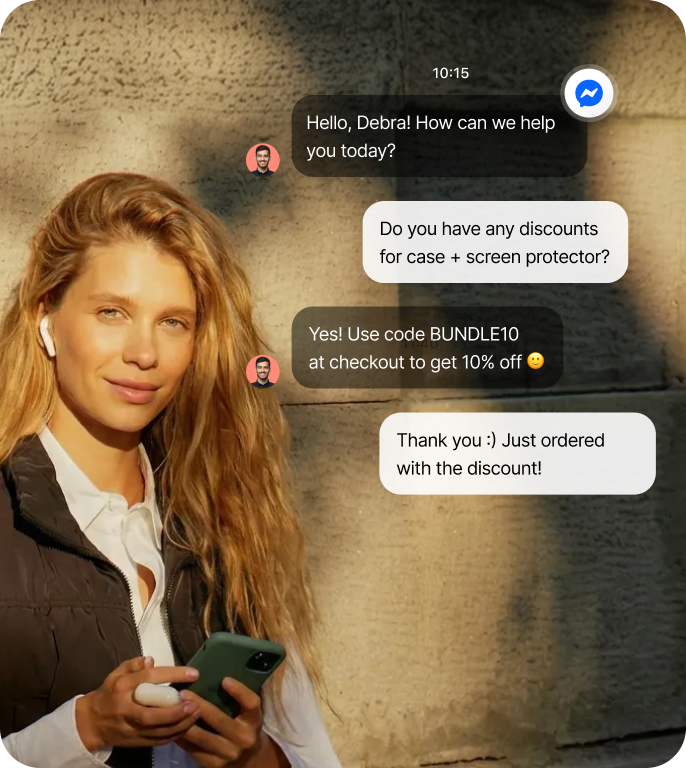 Facebook Messenger ChatBot.com – AI-powered chatbot conversation showing automated customer support and sales on Messenger
