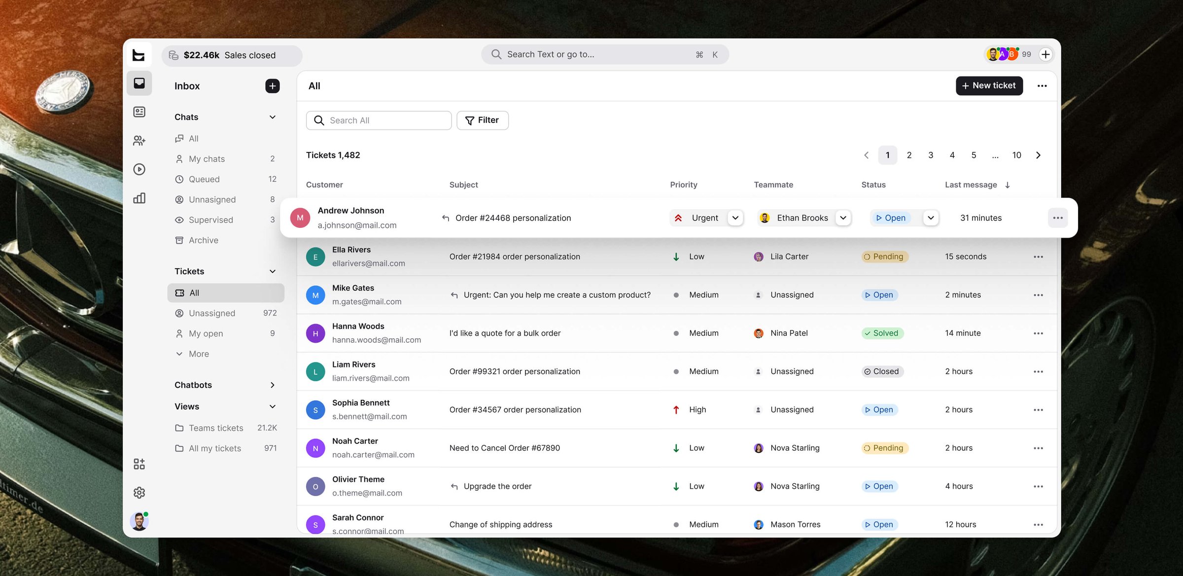 The Text inbox with Chats, Tickets, and Chatbots in one sidebar, beside a ticket list showing priority, assigned teammate, and status