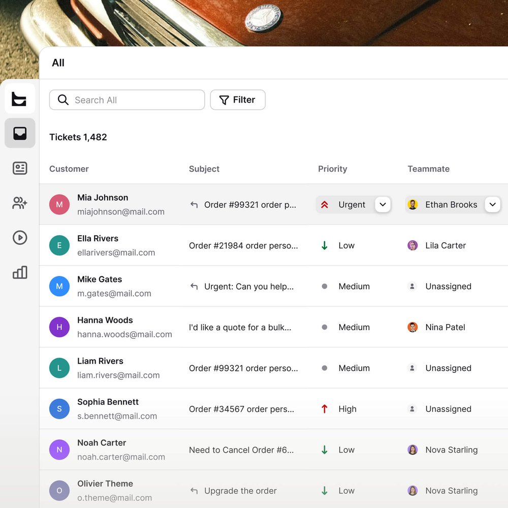 A Text ticket list on a small screen showing customer, subject, priority, and assigned teammate
