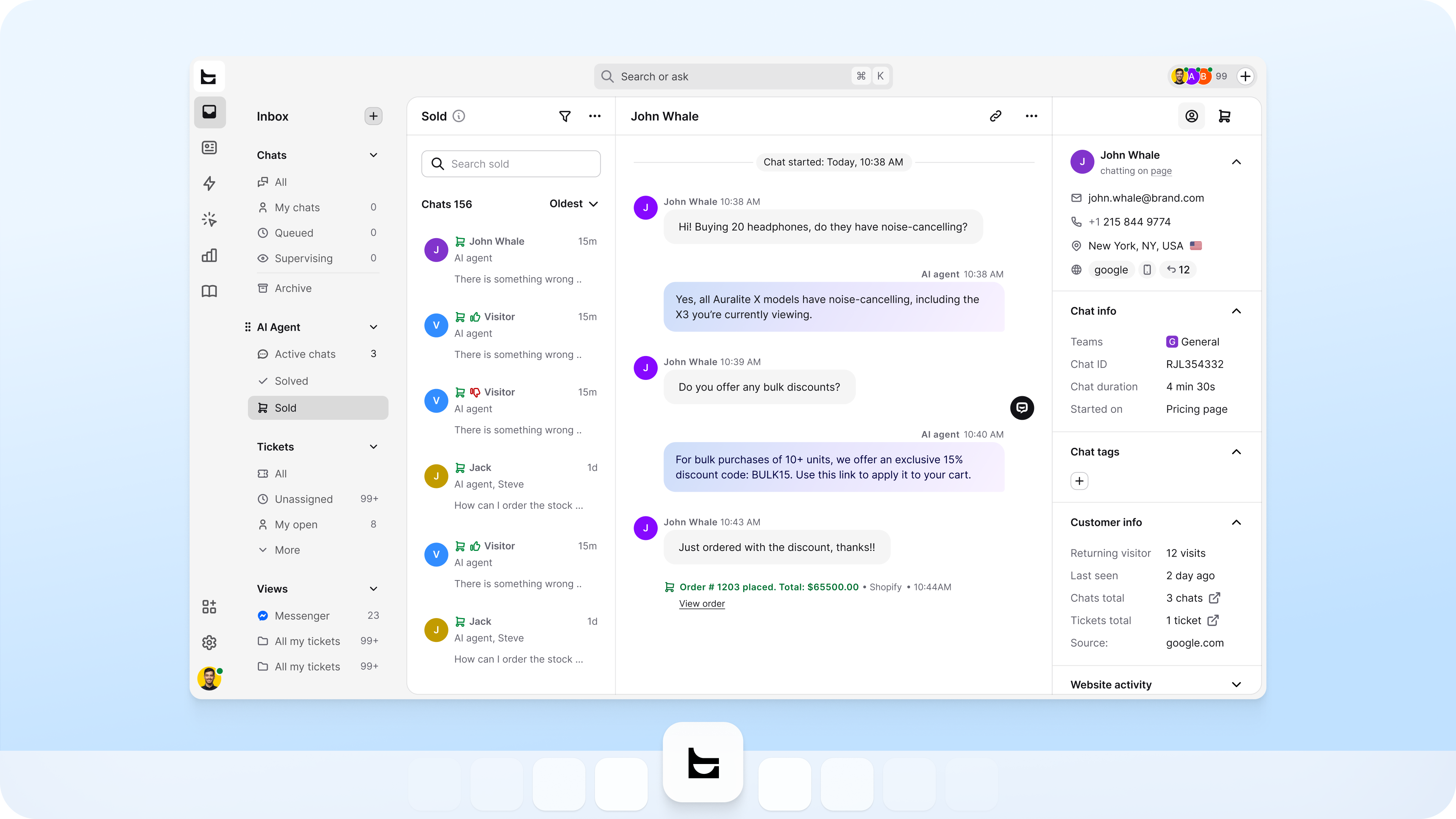 Text desktop app bringing AI Agent, live chat, tickets, and teammates into one workspace