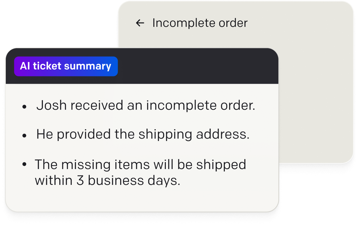 AI-generated ticket summary helping a teammate review the customer request and next steps