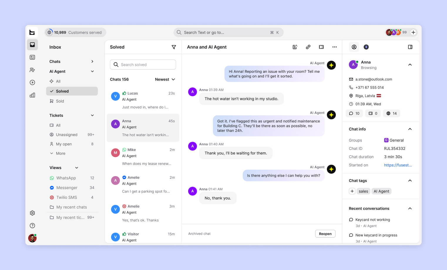 Text inbox showing AI Agent conversations, support tickets, and customer details in one workspace