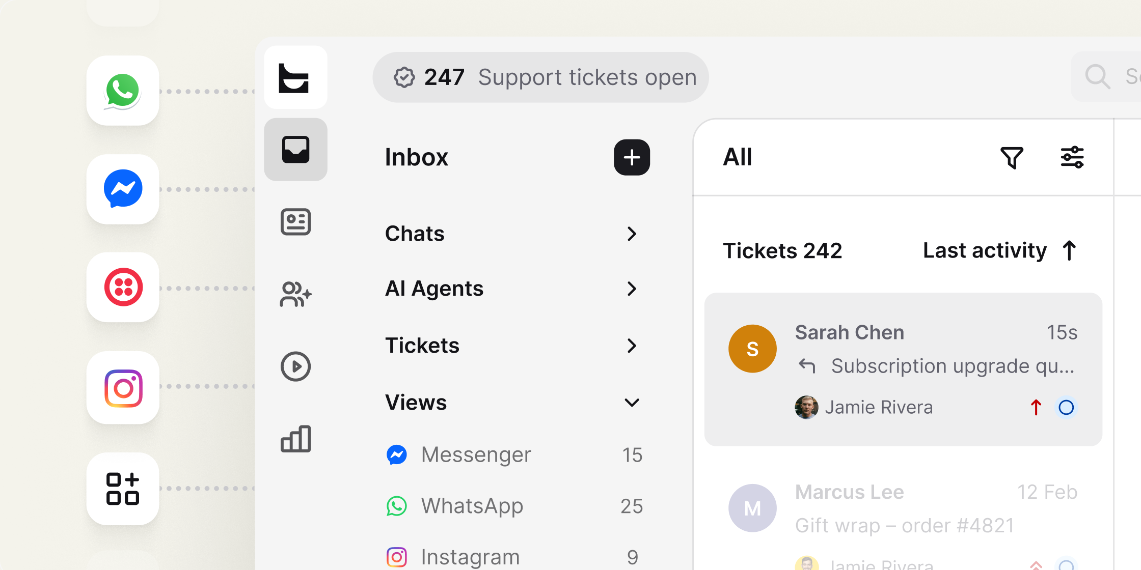 Customer channels feeding one Text inbox with live conversations, AI Agents, and Tickets