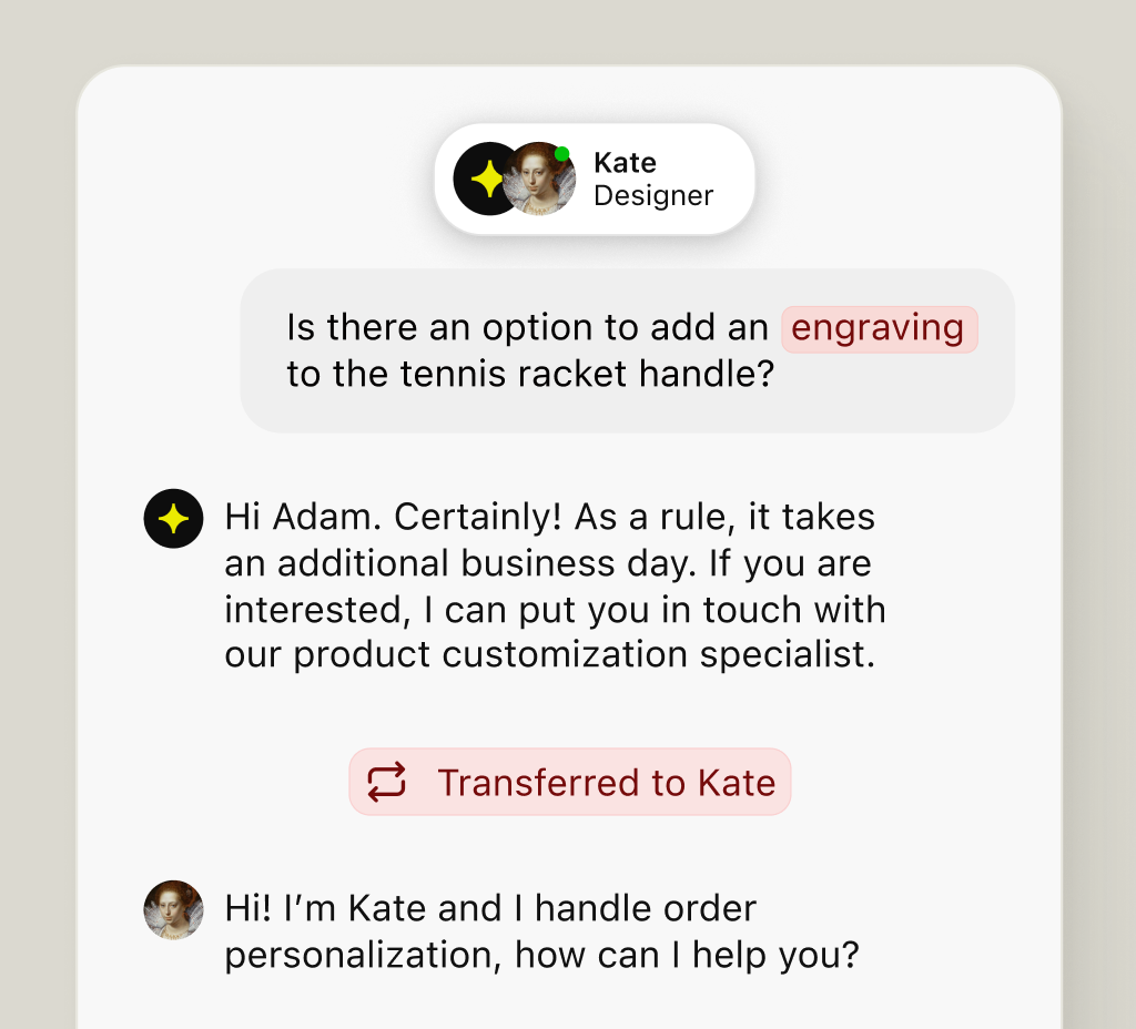 AI agent answering an engraving question and transferring the chat to the personalization designer