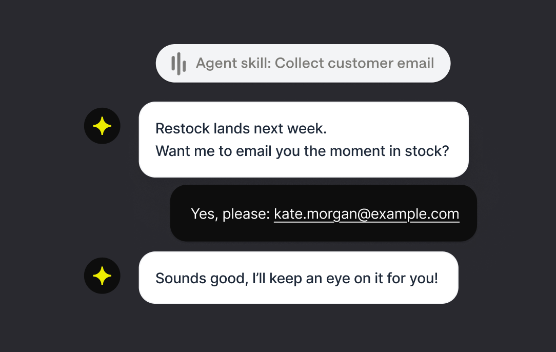 AI agent skill collecting a customer's email to send a restock alert after an interest signal