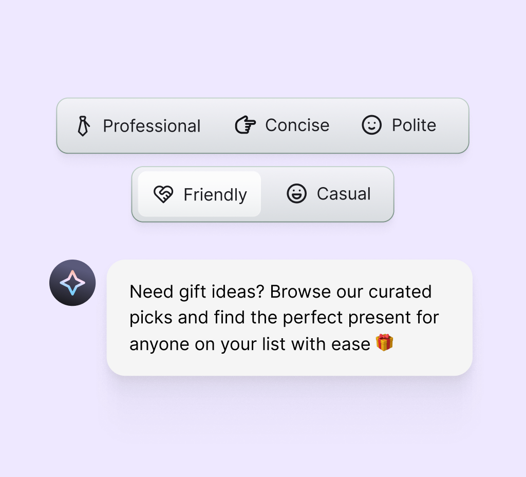 Tone of voice options with an on-brand reply from the AI agent