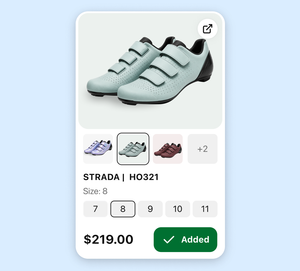 Product card for cycling shoes with color options, size 8 selected, and the item added to the cart inside the chat