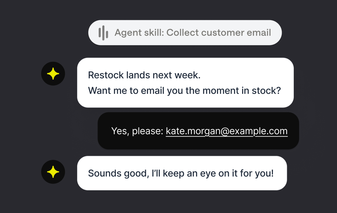 Collect customer email Skill offering a restock notification and capturing the shopper's address in the chat