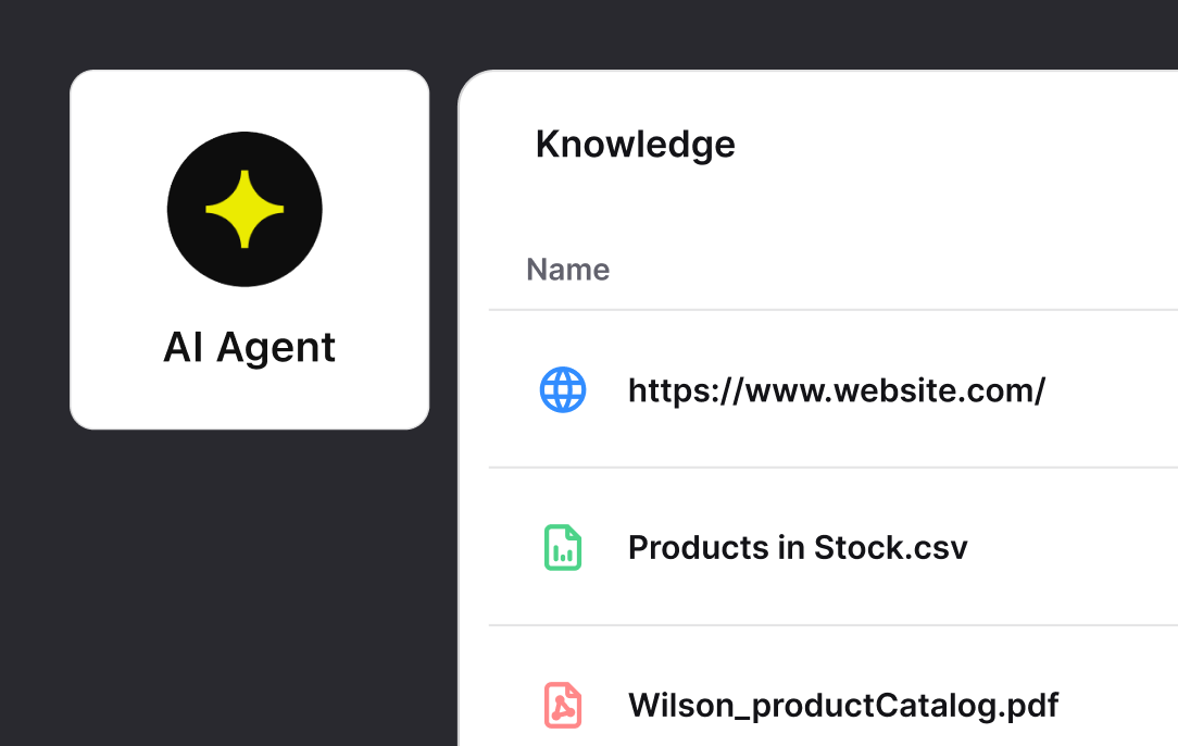 AI agent knowledge list holding a website, a products CSV, and a product catalog PDF