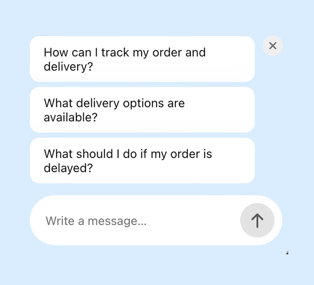 Chat widget suggesting questions about order tracking, delivery options, and delayed orders above the message box