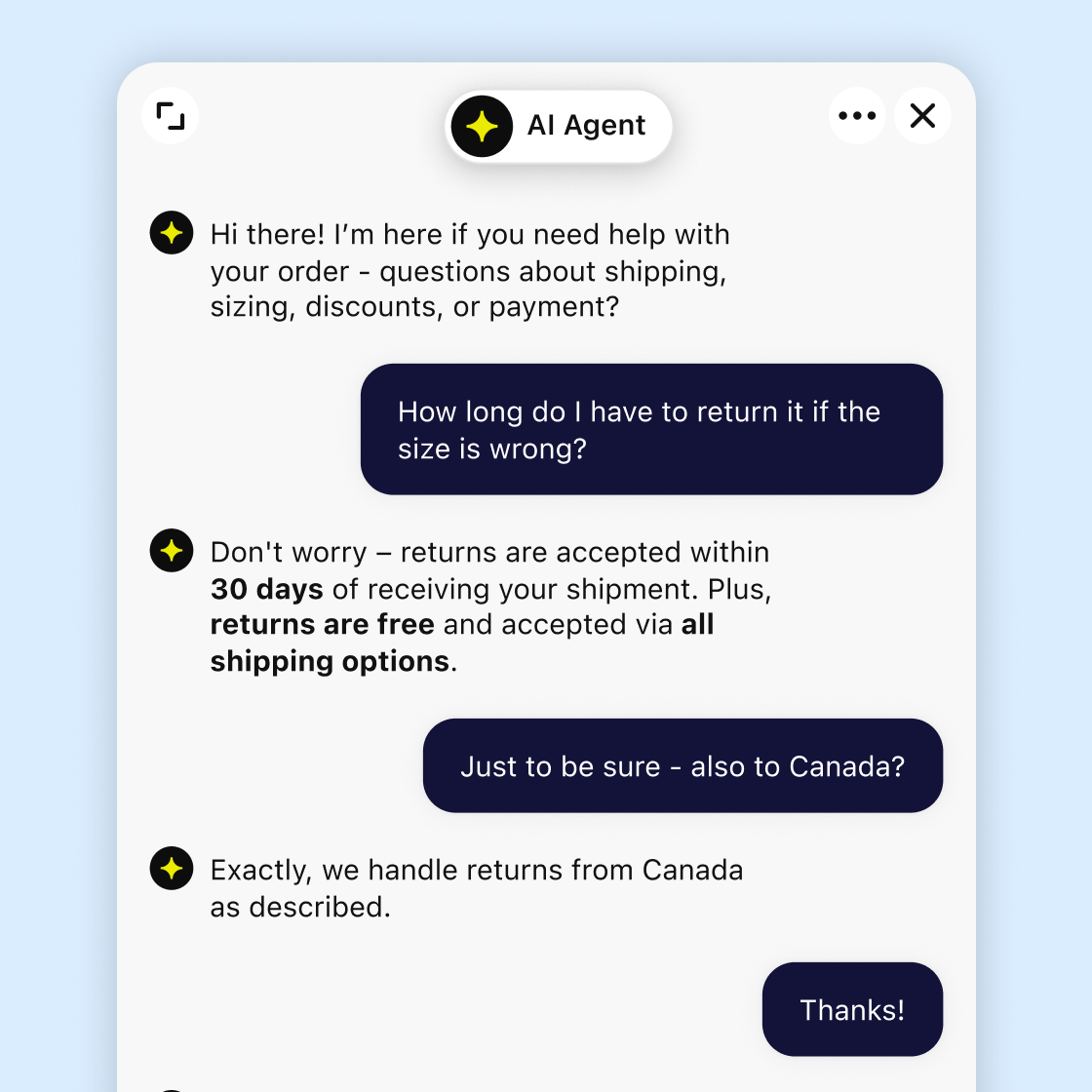 AI agent answering a returns question in the chat widget beside a shopper's checkout page