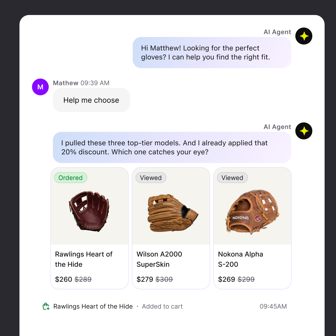 Text Inbox showing an AI agent recommending glove models to a shopper, with the customer's cart, recent orders, and browsing details beside the chat