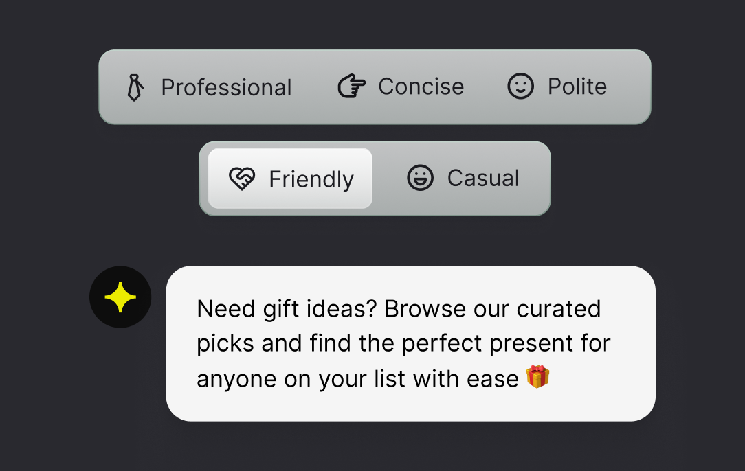 Tone options for the AI agent set to friendly, with the resulting gift-idea reply shown below