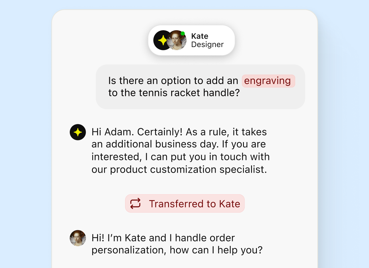AI agent answering an engraving question, then transferring the chat to Kate, an order personalization specialist