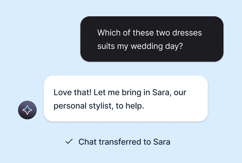 AI agent transferring a chat about choosing a wedding dress to Sara, a personal stylist