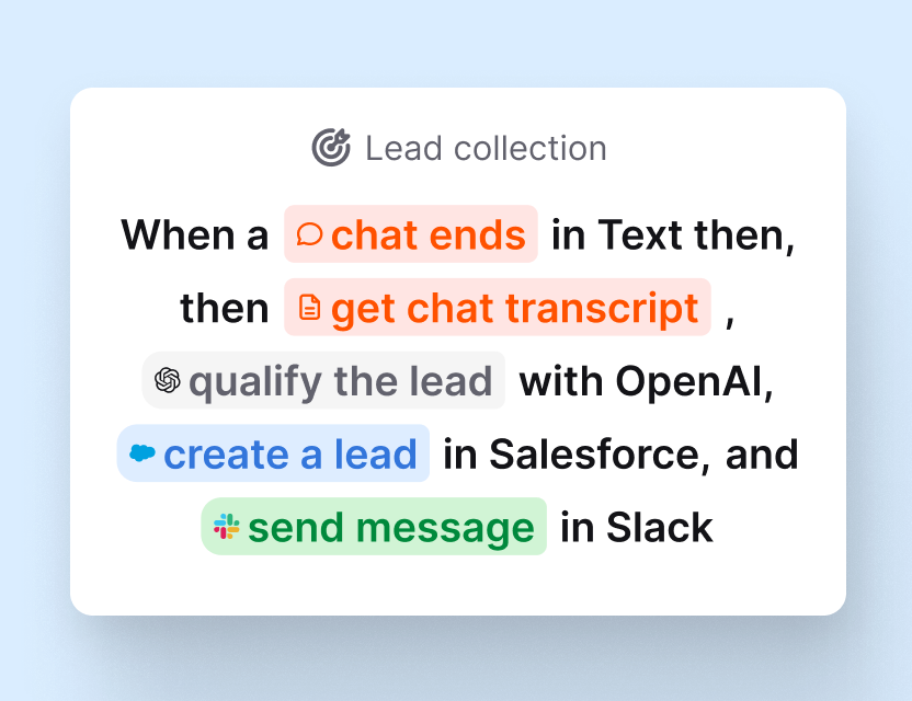 Lead collection skill: when a chat ends, get the transcript, qualify the lead, create it in Salesforce, and send a Slack message