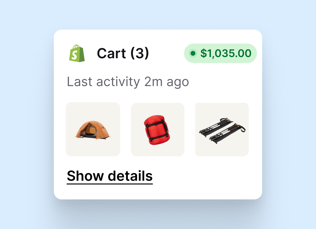 Live Shopify cart worth $1,035 with three items shown next to the conversation