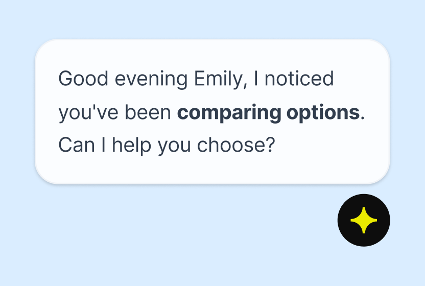 AI agent messaging a shopper by name after noticing she has been comparing options, offering to help her choose