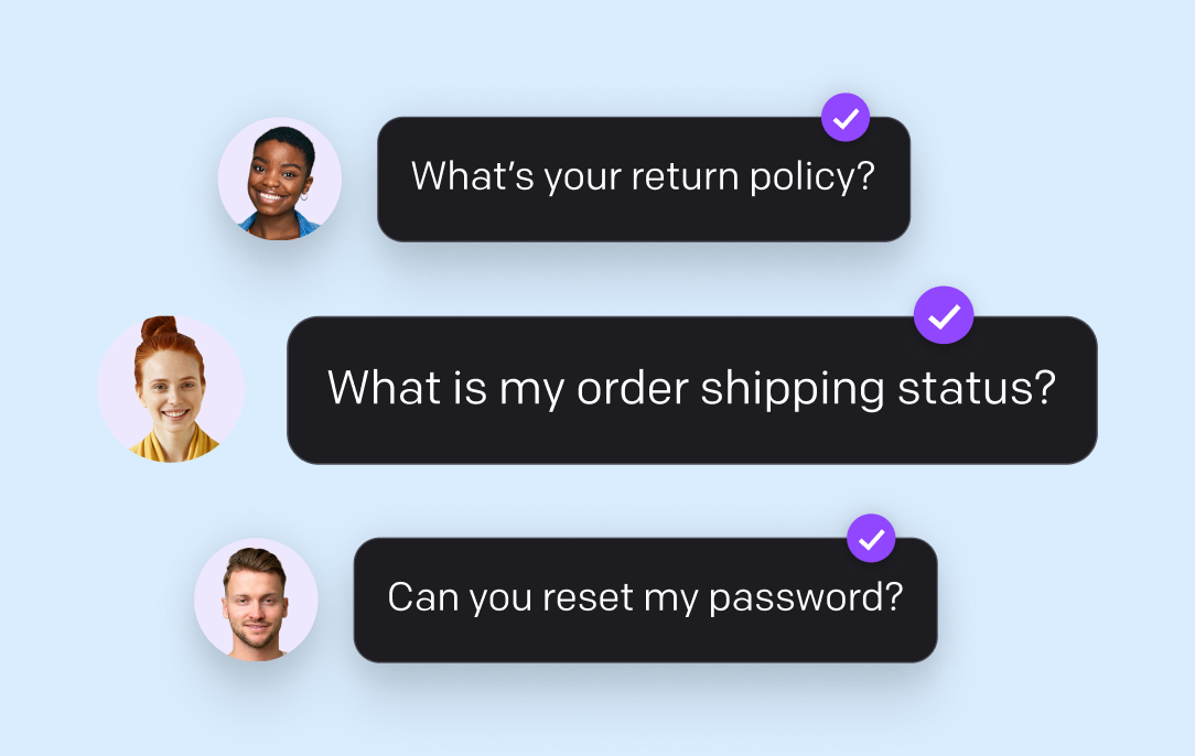 Routine questions marked resolved by the AI agent: return policy, order shipping status, and a password reset