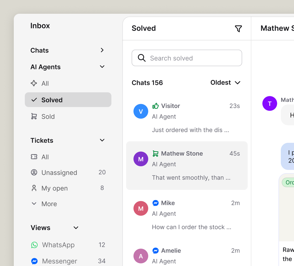 One inbox containing AI chats, human replies, and tickets with the full conversation history