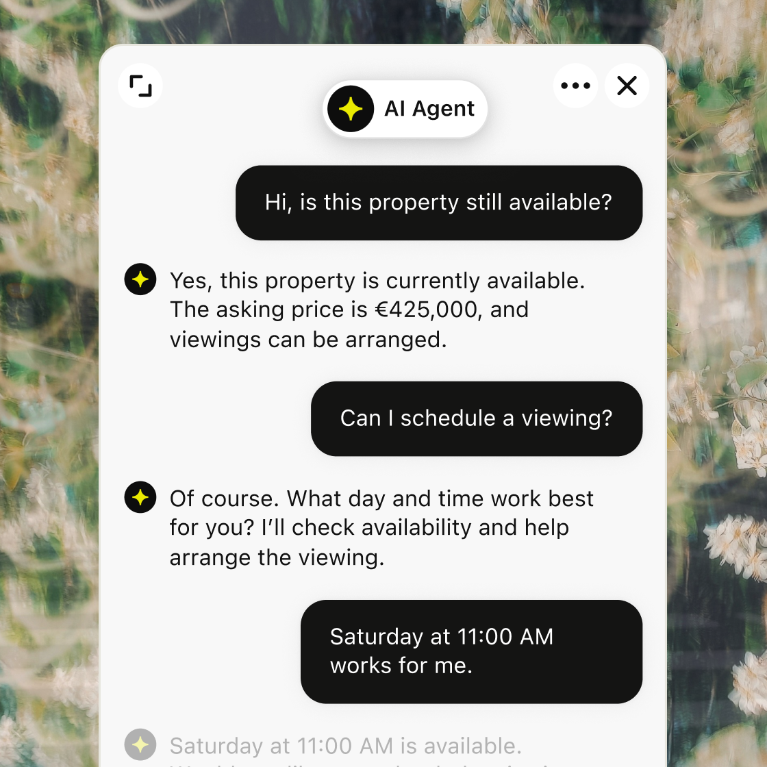 An AI agent answers a property inquiry and helps arrange a viewing.