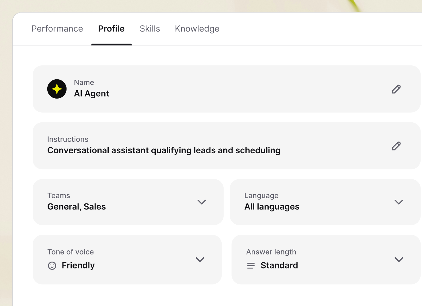 AI agent profile settings for instructions, teams, language, tone of voice, and answer length.